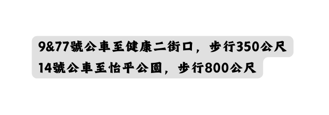 9 77號公車至健康二街口 步行350公尺 14號公車至怡平公園 步行800公尺